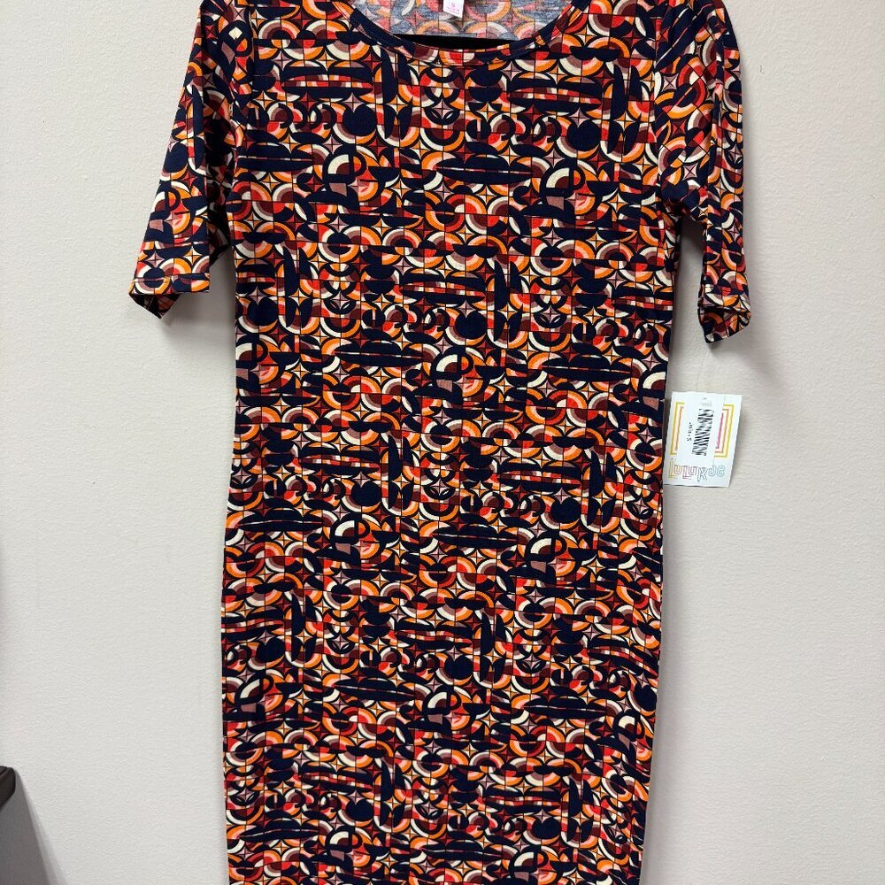LuLaRoe Julia  Dress Navy Orange Abstract Modern NWT size S